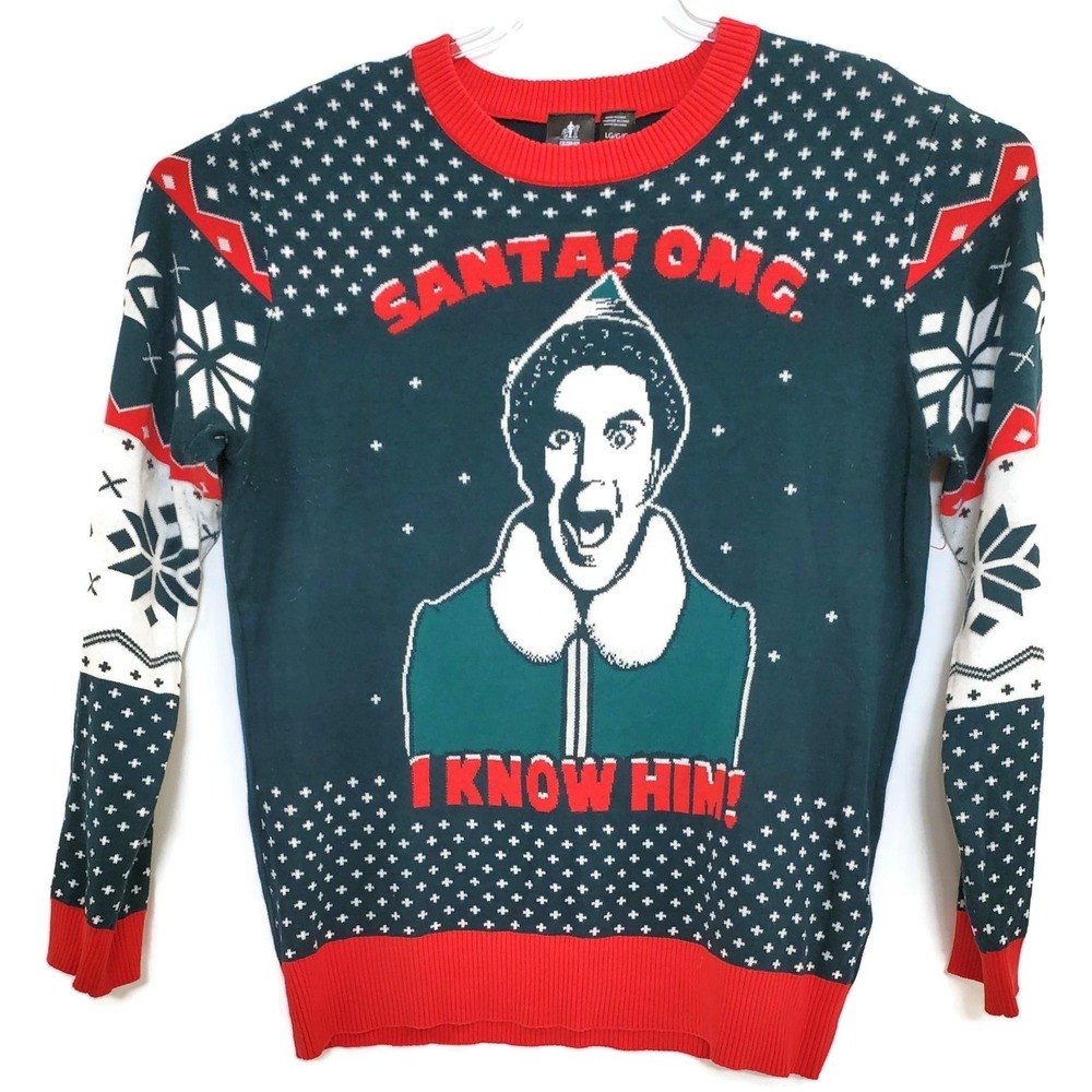 Elf Celebrate Together Sweater Mens Large‎ Ugly Christmas Green Red Buddy Santa